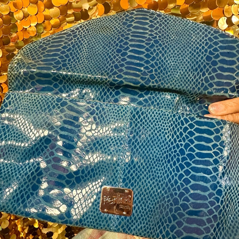 Perlina Turquoise Snakeskin Clutch